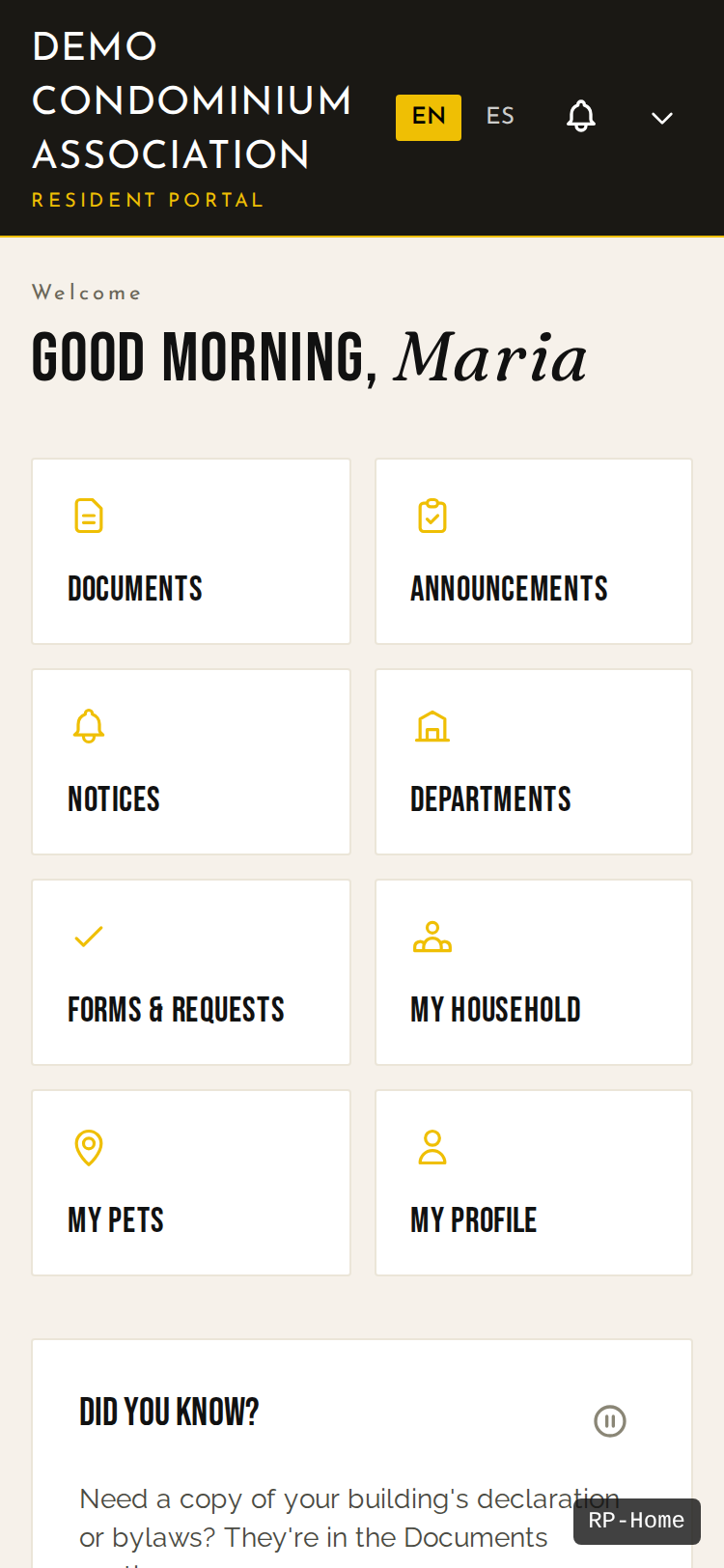 Owner portal home on a phone — eight large tap-target tiles (Documents, Announcements, Notices, Departments, Forms & Requests, My Household, My Pets, My Profile) with a personalised greeting and a Did-you-know? tip card below.
