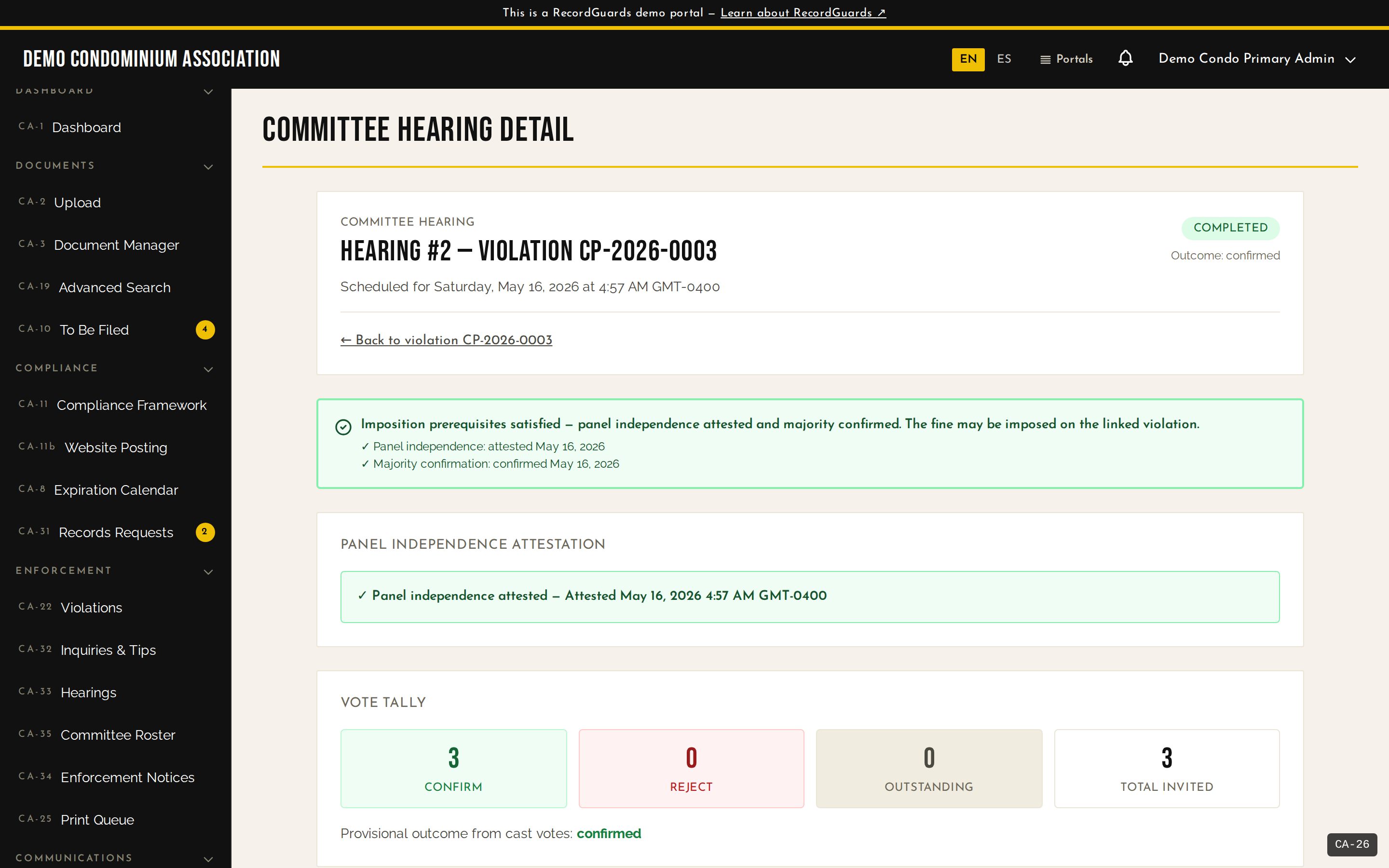 Committee Hearing detail for violation CP-2026-0003 — status marked Completed with an Imposition prerequisites satisfied banner, panel independence attestation, and a 3-0 vote tally (3 Confirm / 0 Reject / 0 Outstanding / 3 Total invited).