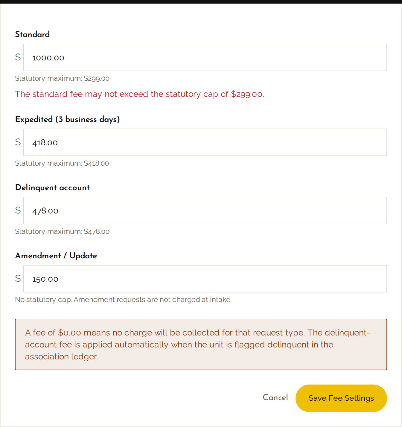 Estoppel fee settings form — the Standard fee field has been raised well past the statutory cap and an inline validation error blocks save, citing the cap by amount; each capped field shows its Statutory maximum readout directly beneath it.