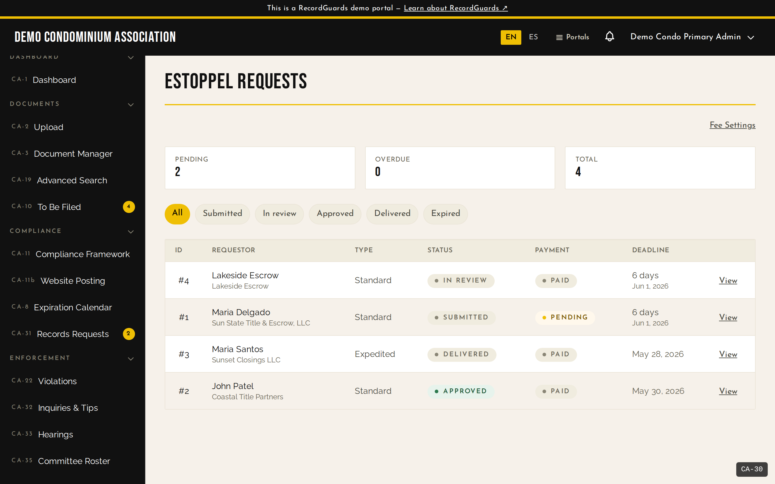 Estoppel Requests index — four rows across In Review, Submitted, Delivered, and Approved statuses, with statutory deadline countdowns and zero overdue.