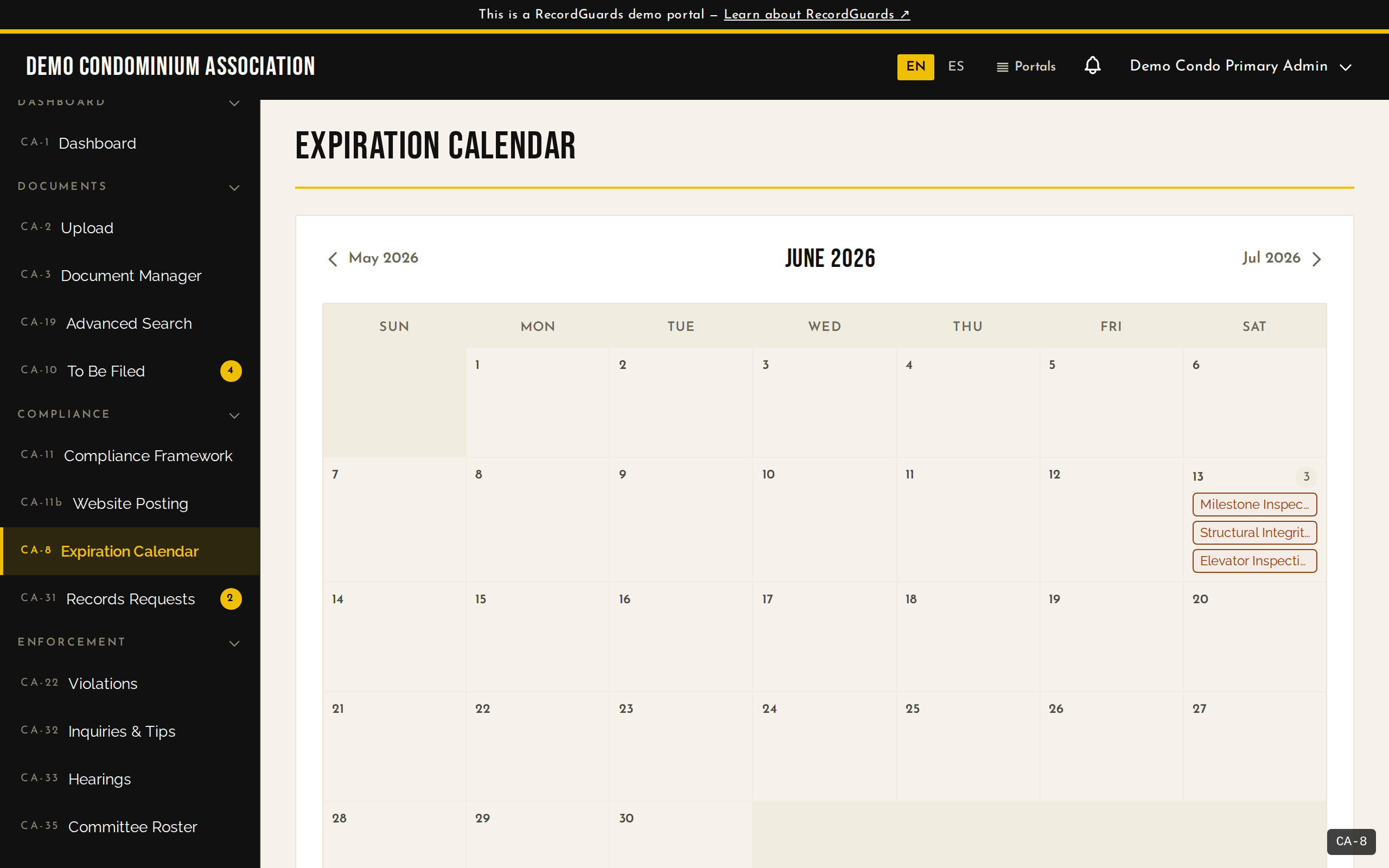 Expiration Calendar in month view — milestone inspection, structural-integrity reserve study, and elevator certification all due the same Saturday, prev/next month navigation visible.
