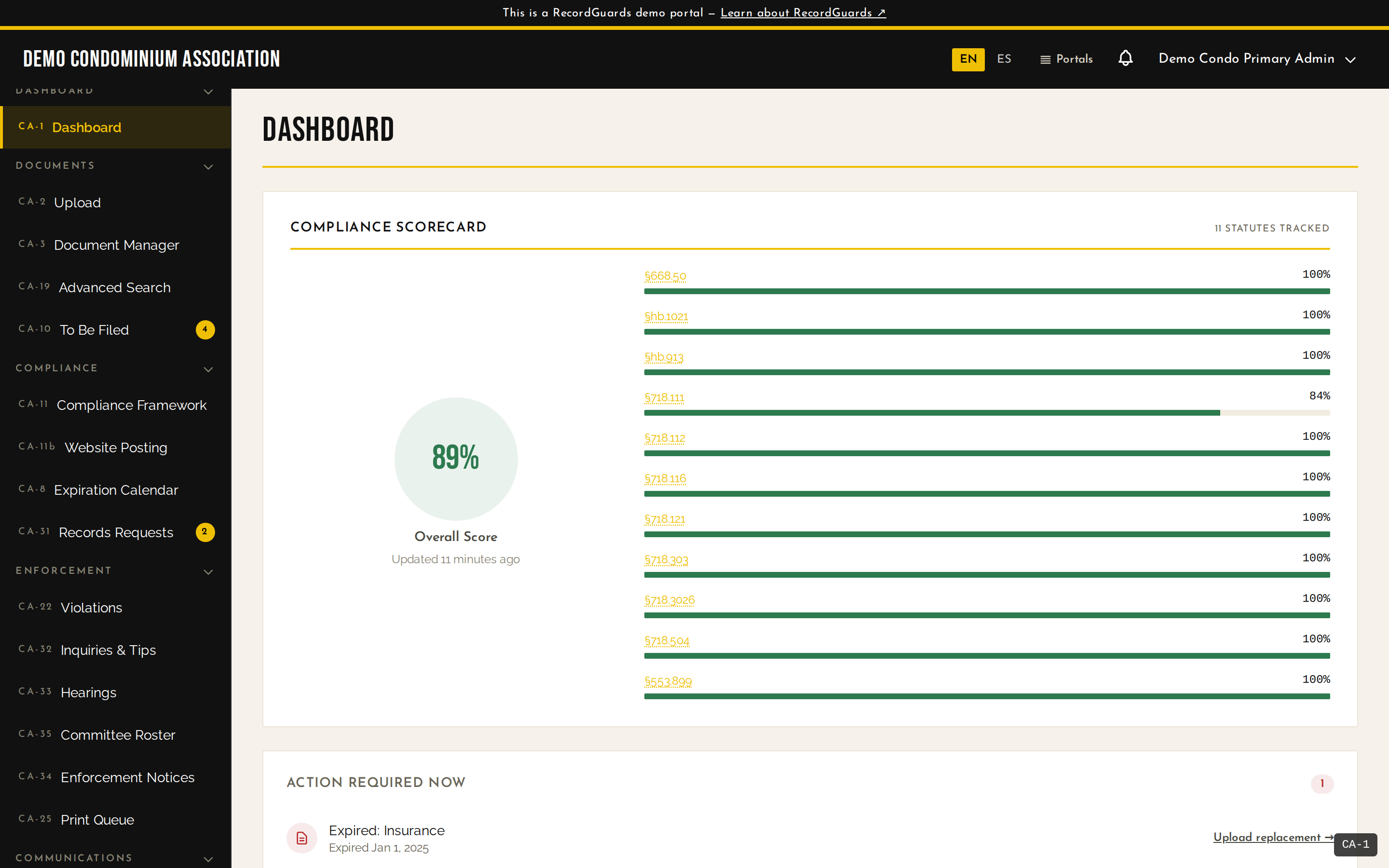 Brickell Tower 1968 admin dashboard — Compliance Scorecard at 89% across eleven Florida-statute rows (all green) sitting above the Action Required Now panel, on one screen.