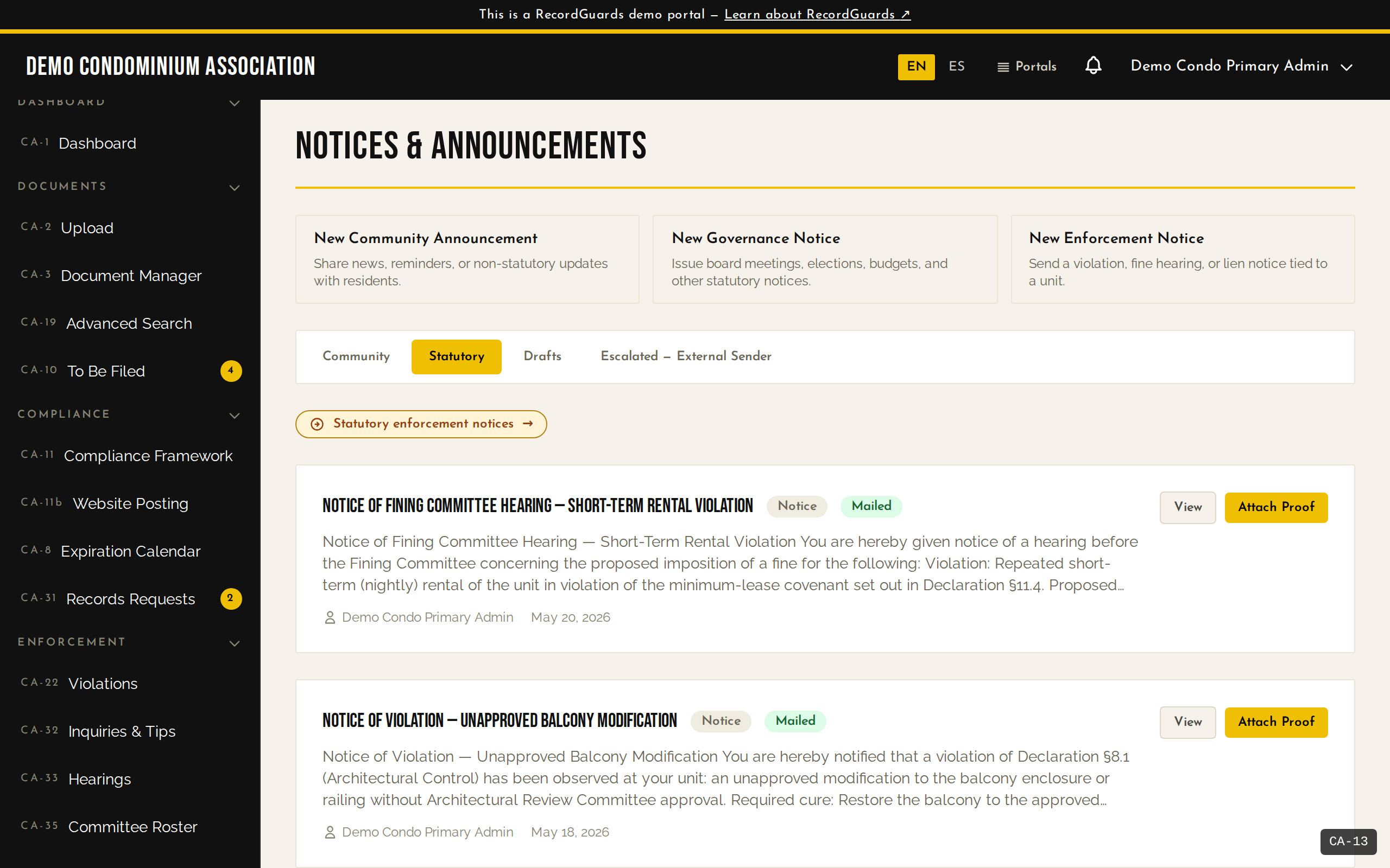 Notices index on the Statutory tab — two dispatched notices with "Mailed" status pills and formal §718.112 hearing-notice titles.