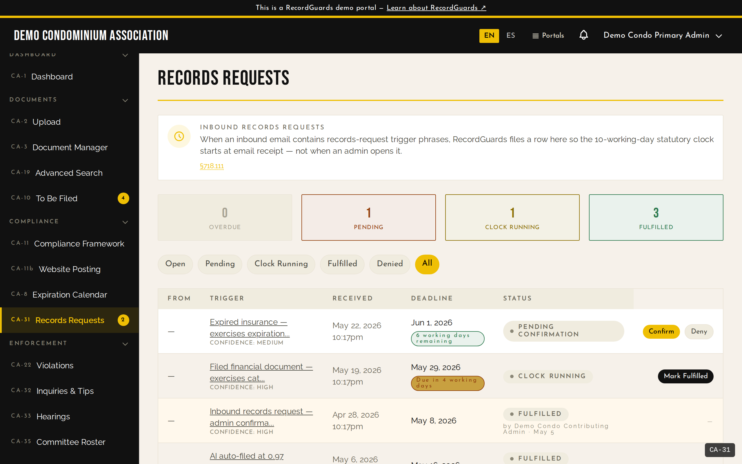 Records Requests queue — pending, clock-running, and fulfilled rows in one table, with statutory-deadline countdown badges and zero overdue.