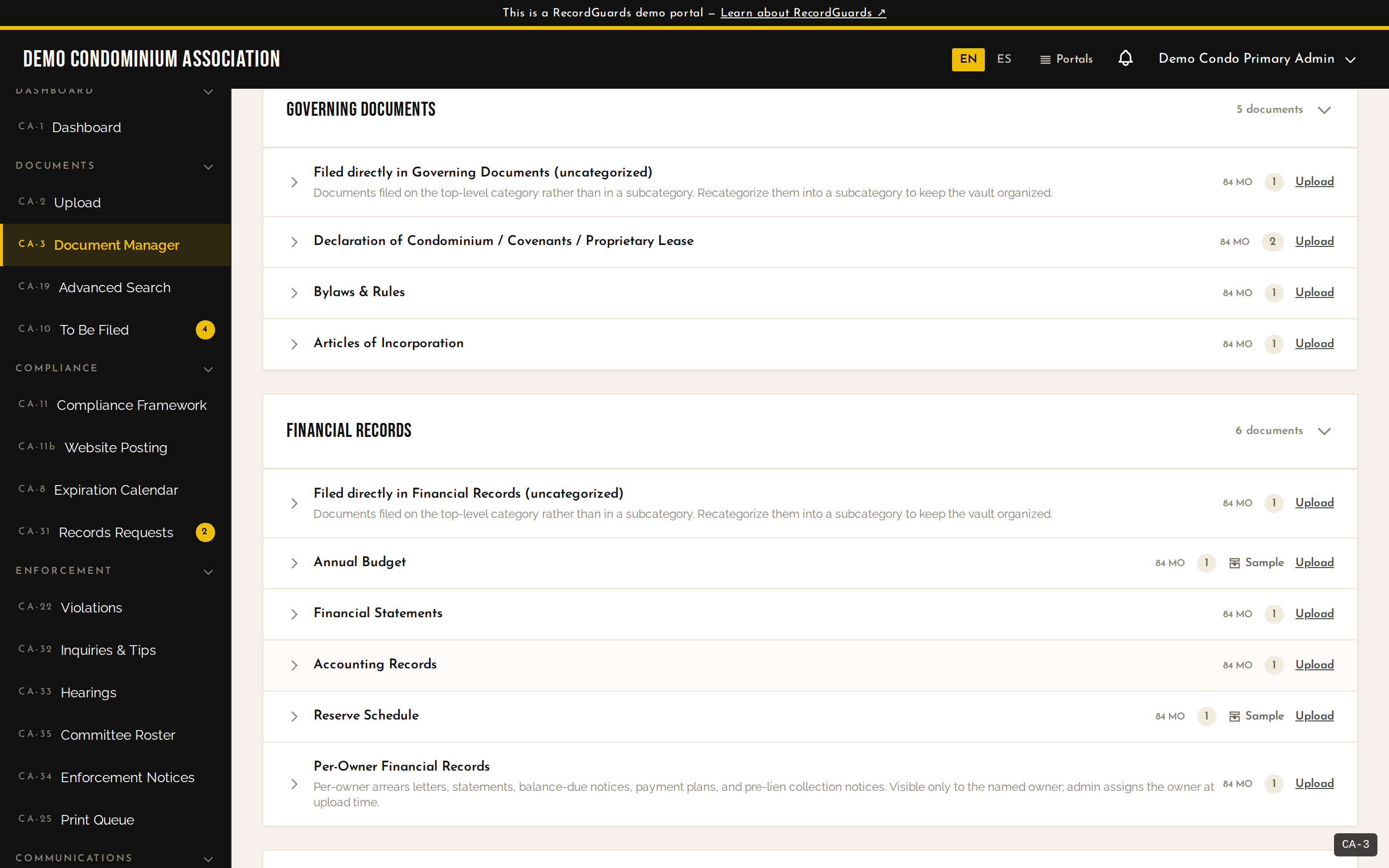 Document Manager grouped by statutory category — Governing Documents and Financial Records expanded, showing subcategories that map to §718.111(12) records access tiers.